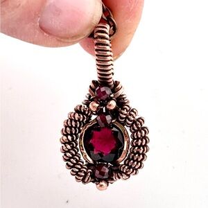 HANDMADE Garnet Copper Wire Wrapped Pendant Necklace, Hand Crafted Jewelry Gift